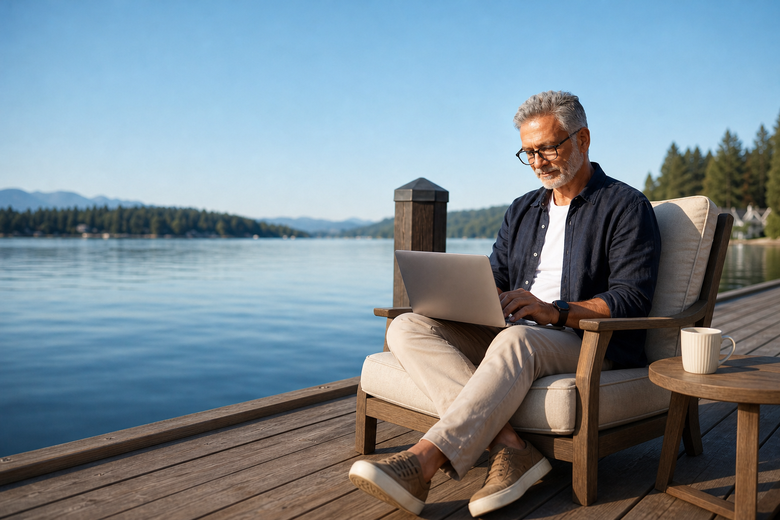 Mature remote worker using a laptop on a lakeside deck overlooking forested mountains, highlighting remote worker communities with outdoor recreation and scenic living.