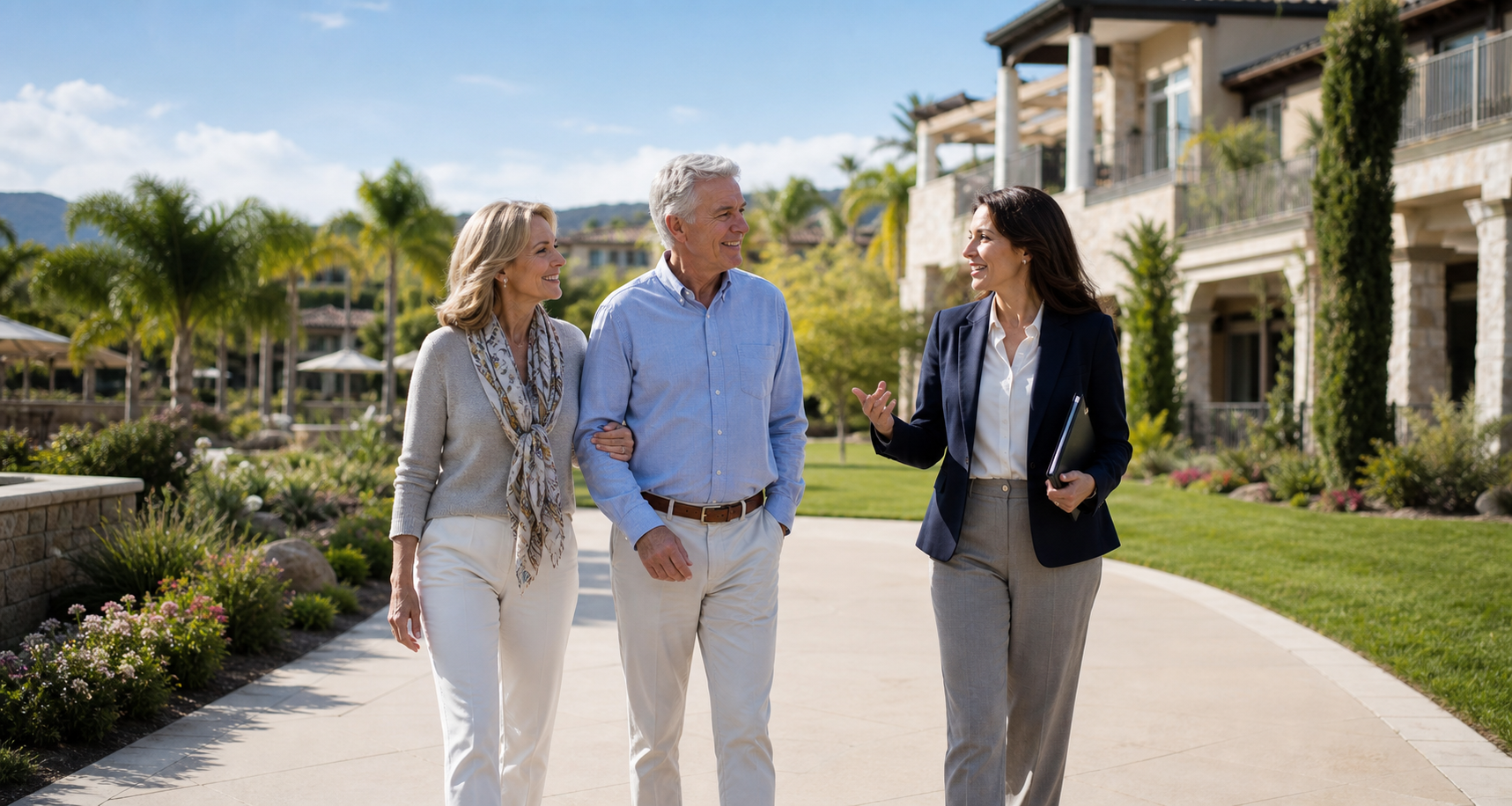 Couple touring a 55+ community with a community representative