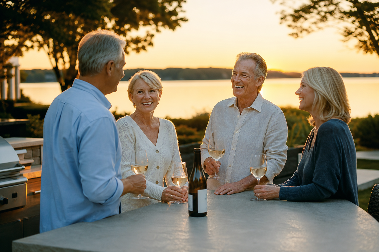 Friends age 55 and older spending time together while discussing the possibility of living near each other.