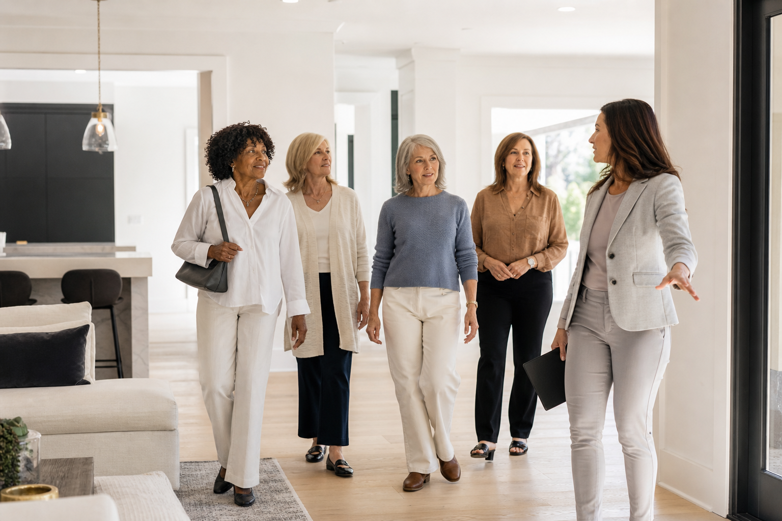 Friends age 55 and older touring a retirement community home together while learning about the community and its lifestyle.