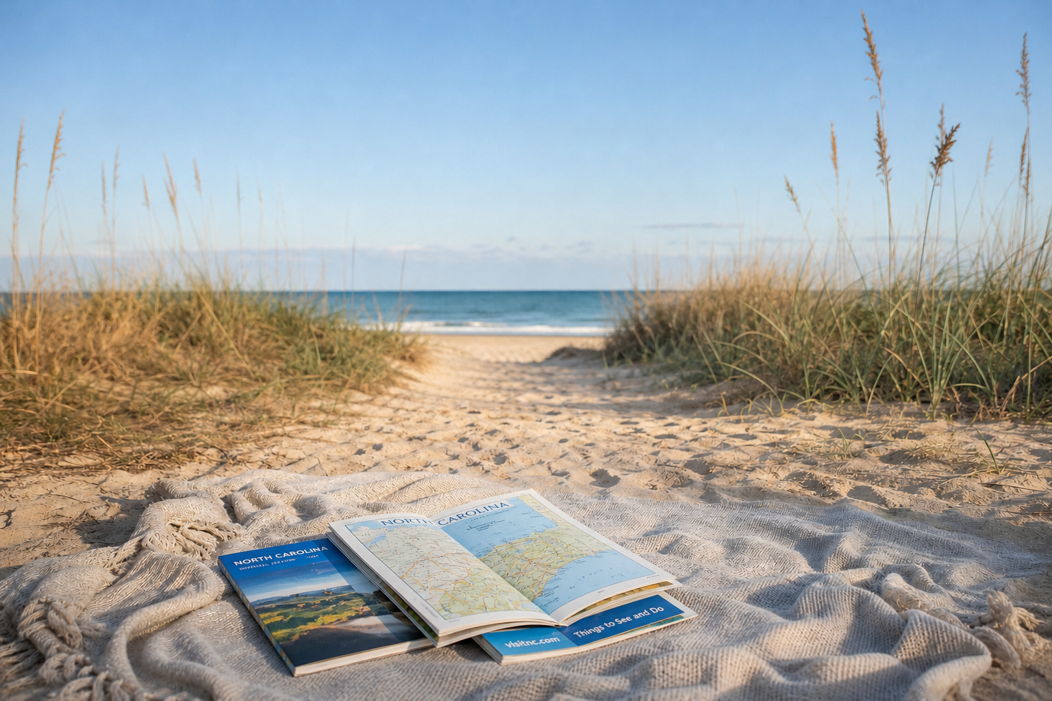 Sandy pathway through coastal dunes leading to the ocean, with North Carolina maps and relocation guides in the foreground for destination research.