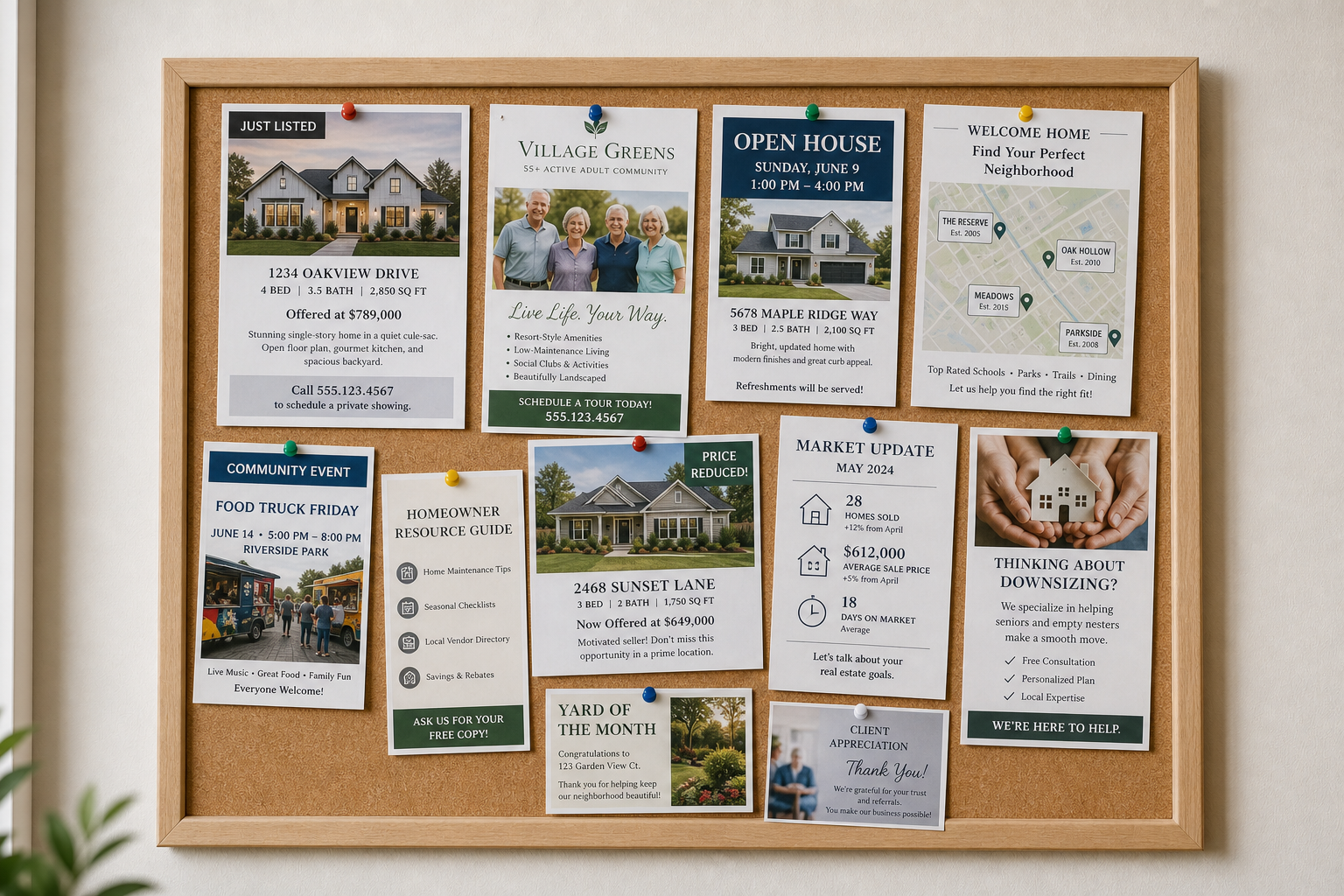 Real estate community bulletin board featuring second-home property listings, 55+ community information, open houses, neighborhood maps, and homebuyer resources.