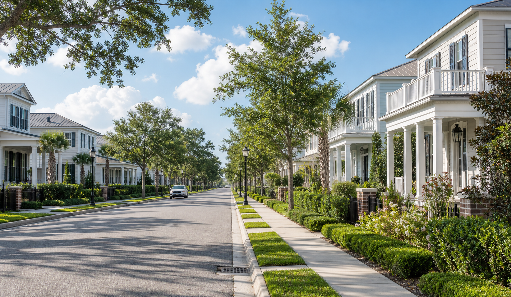 Tree-lined residential community with homes and sidewalks for retirement relocation