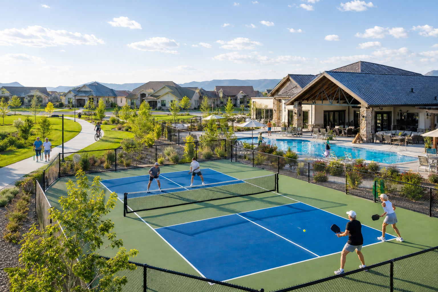 Active adults enjoying pickleball, walking trails, a pool and clubhouse amenities in a 55+ lifestyle community.
