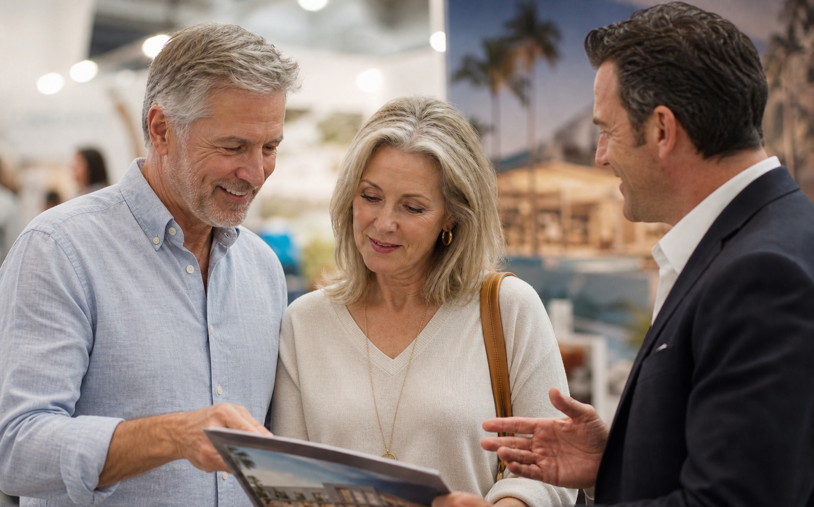 Couple comparing places to live with a community representative at the Best Places Expo.