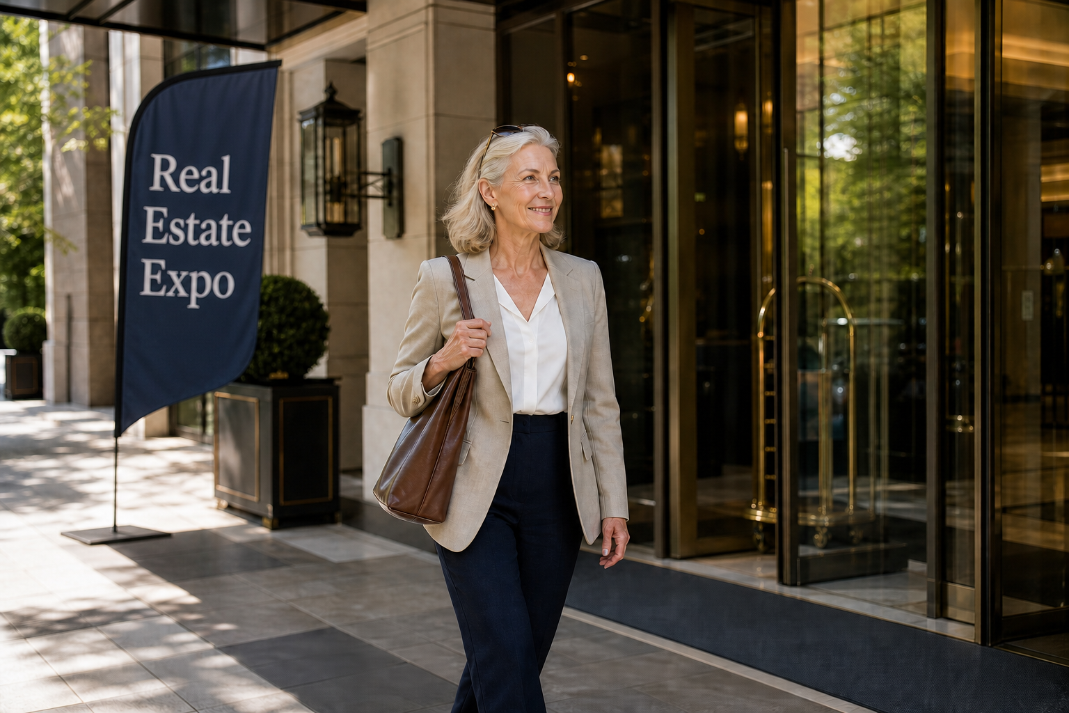 Woman arriving at a real estate expo to research places to live, retirement communities and relocation options.