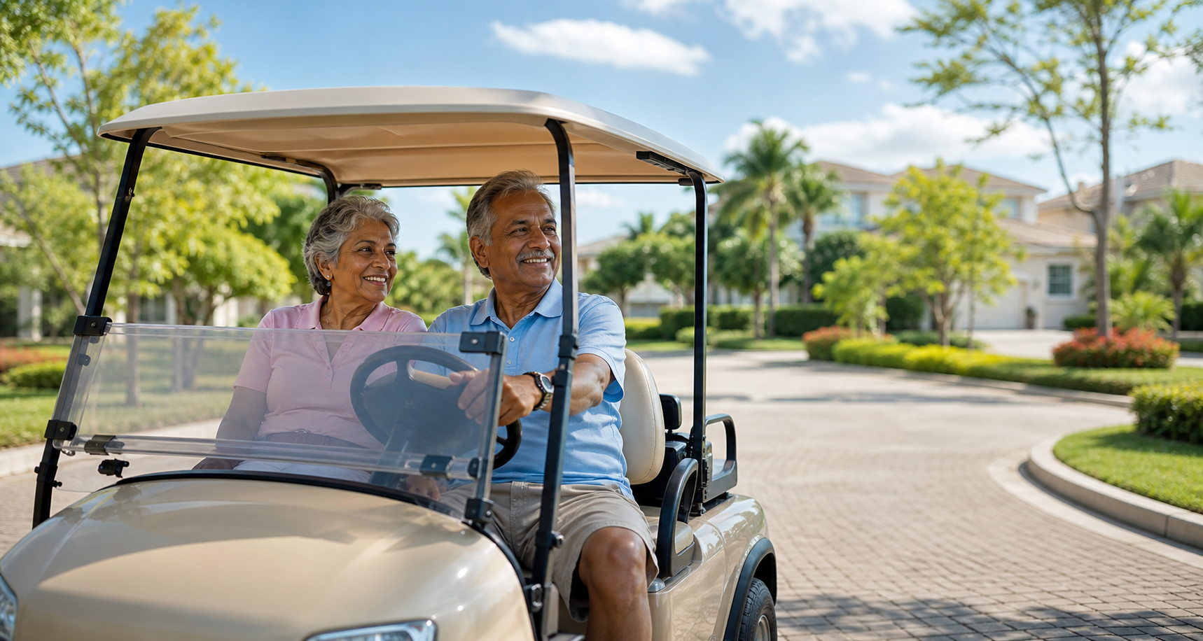 Couple touring a 55+ community by golf cart during a discovery visit to compare homes, amenities and lifestyle.