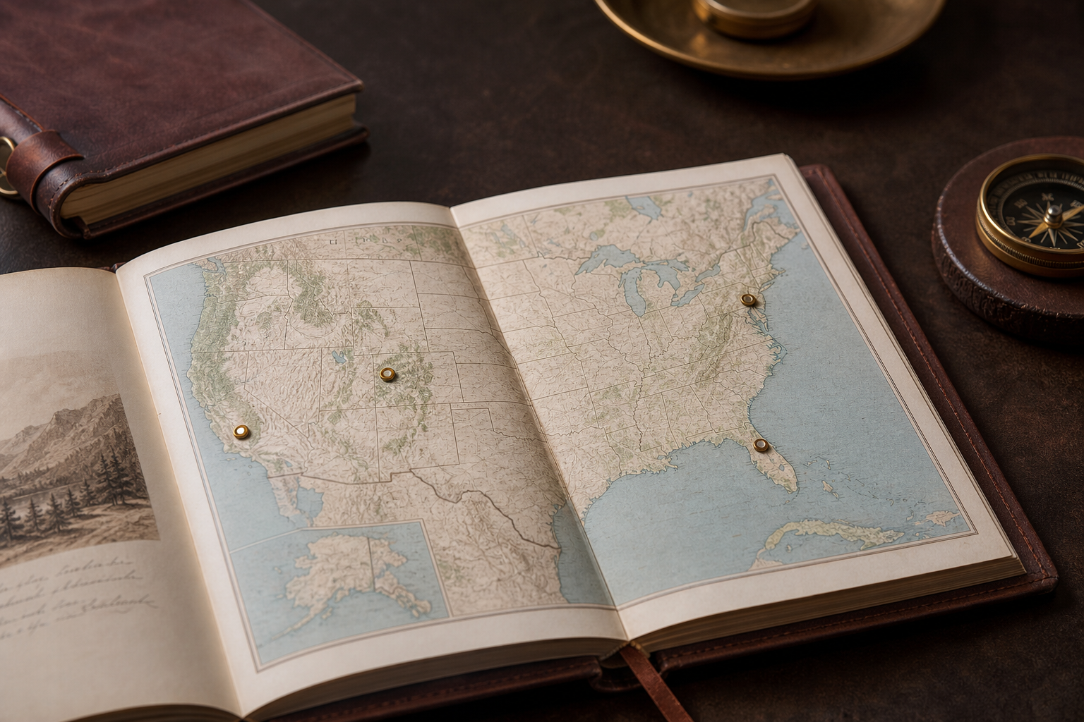 Vintage map of the United States with location markers highlighting different regions for comparing 55+ communities and retirement relocation destinations.