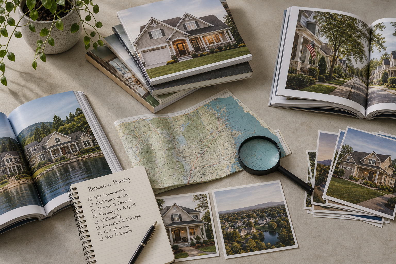Retirement relocation planning materials featuring a U.S. map, community photos, and a checklist for comparing healthcare access, climate, and 55+ communities.