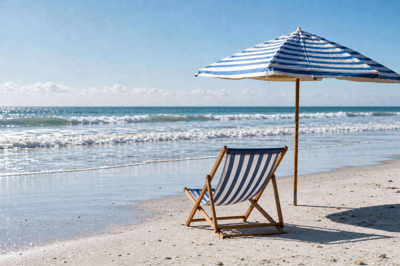 Blue-and-white striped beach chair and umbrella overlooking the ocean, representing coastal retirement living and lifestyle considerations when comparing U.S. relocation destinations.