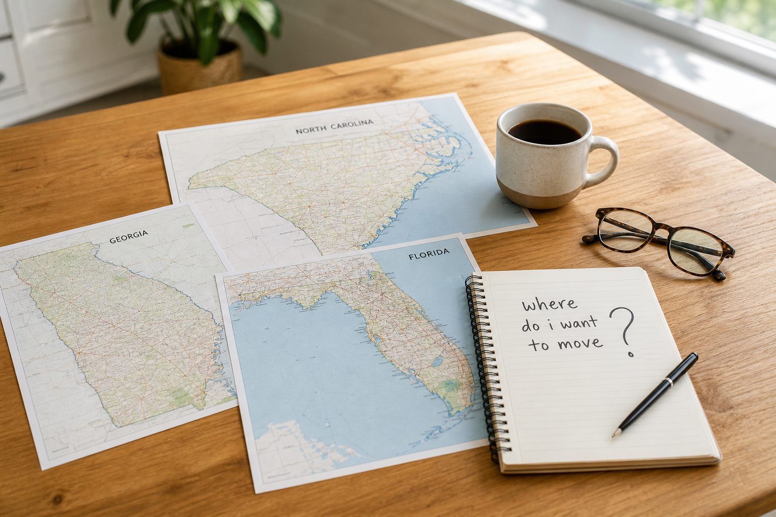 Maps of North Carolina, Georgia and Florida with a notebook asking “Where do I want to move?” while researching places to live.